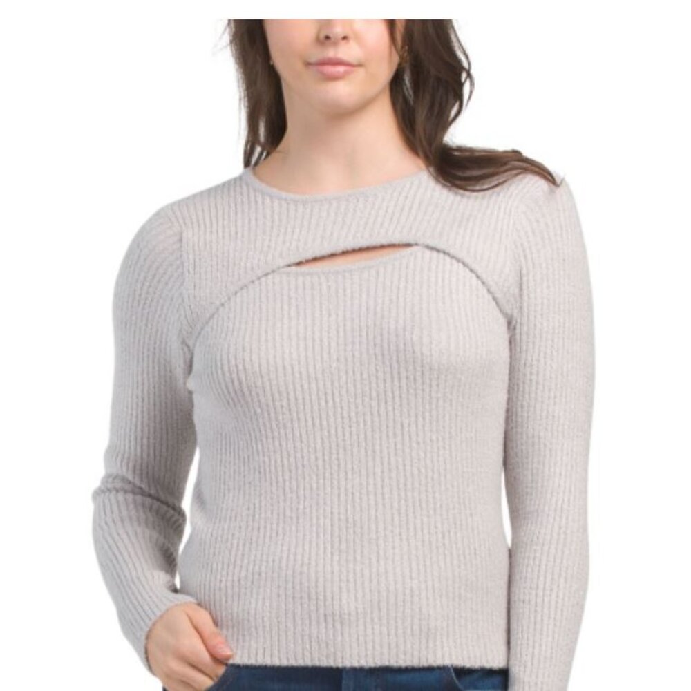 NWT Rachel Zoe Lounge Ribbed Cut Out Light Grey Long Sleeves Sweater